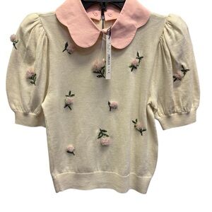 Alice + Olivia Cream and Pink Sweater with Floral Accents